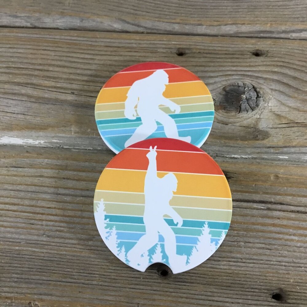 Retro Big Foot Car Coasters Set of 2 Vintage Sunset Style Sasquatch Silhouettes